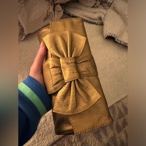 Vintage Saks Fifth Avenue gold Leather Clutch Bag Bow Classic Holiday NYE